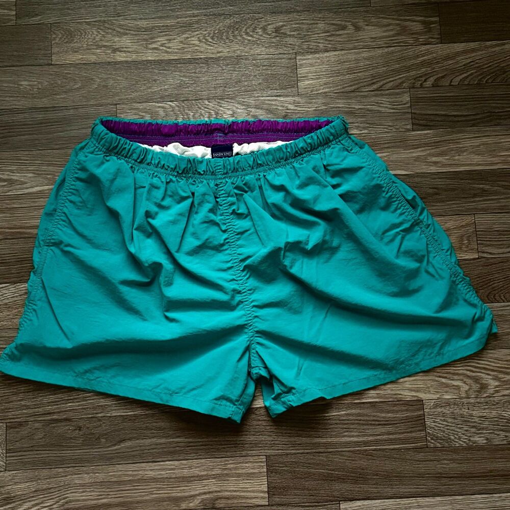 Vintage Lands End Swim Trunks Mens XL Teal Purple Nylon USA Made 90s